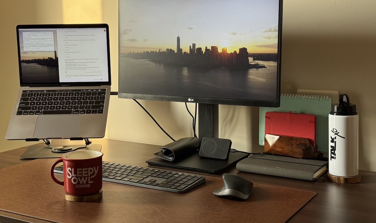Workspace setup with MacBook Pro and external monitor